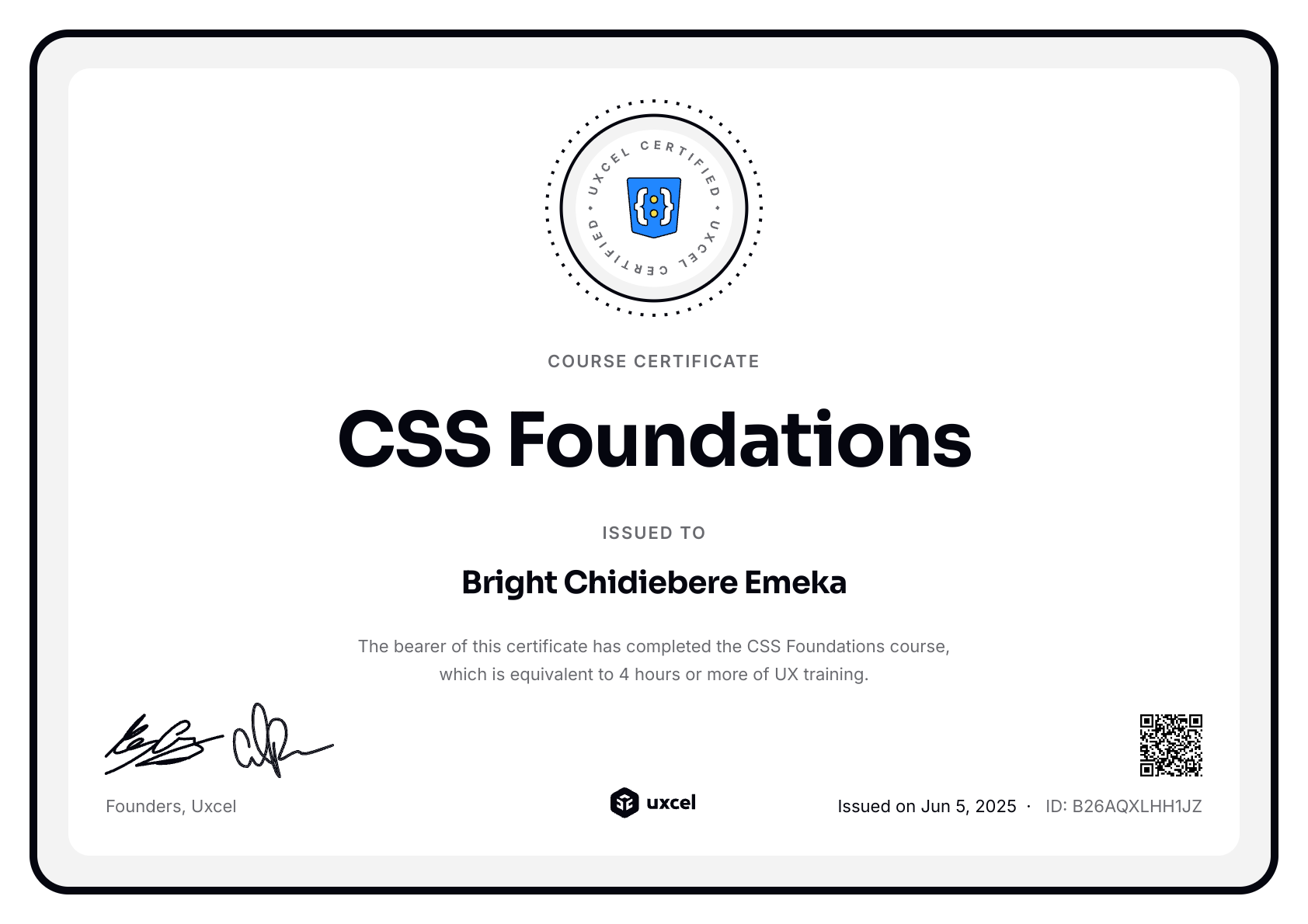 Bright Chidiebere Emeka's certificate